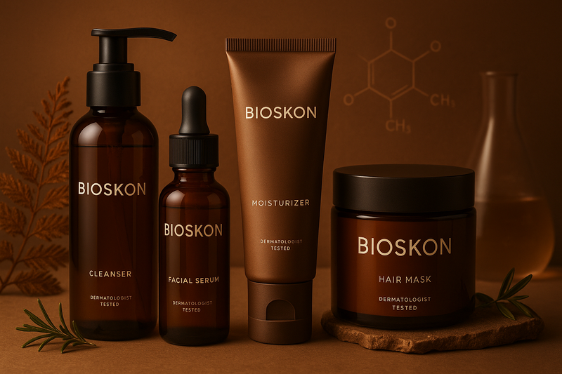 create an image for Bioskon in brownish theme

Bioskon delivers premium healthcare, skincare, and haircare solutions powered by natural ingredients and advanced science. Our dermatologist-approved, effective, and safe formulas help you achieve healthy skin, strong hair, and complete wellness.